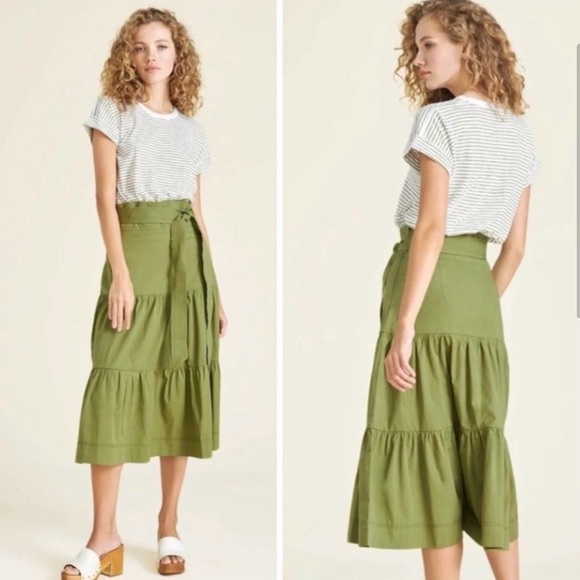 VERONICA BEARD Trail Mixed Media Midi Belted Shirt Dress Striped Olive Green - Picture 2 of 5